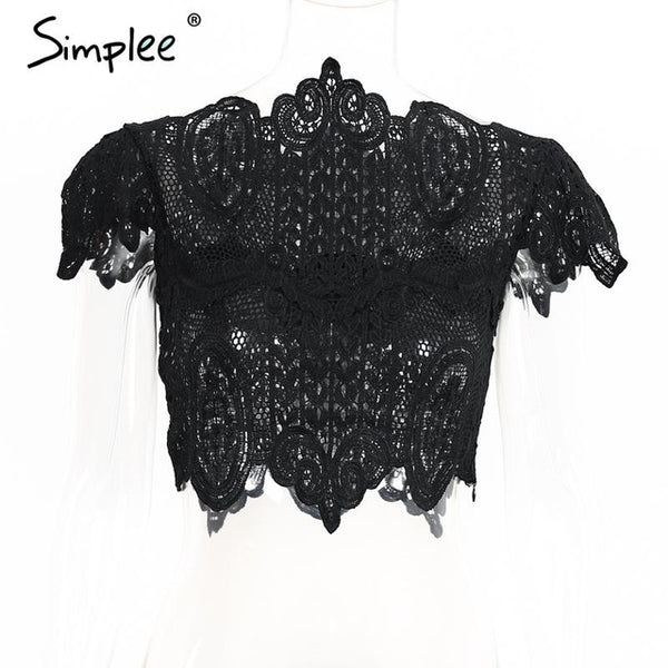 Simplee Apparel Summer style elegant black lace crochet crop top Girls short sleeve white blouse Women sexy hollow out tank tops