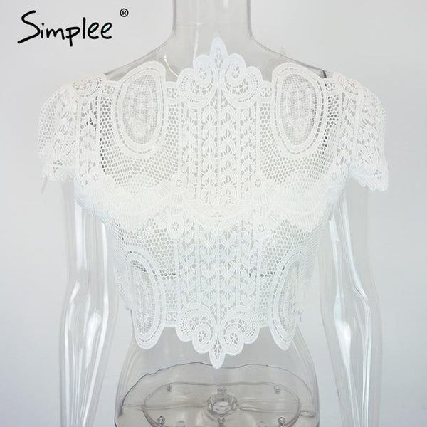 Simplee Apparel Summer style elegant black lace crochet crop top Girls short sleeve white blouse Women sexy hollow out tank tops