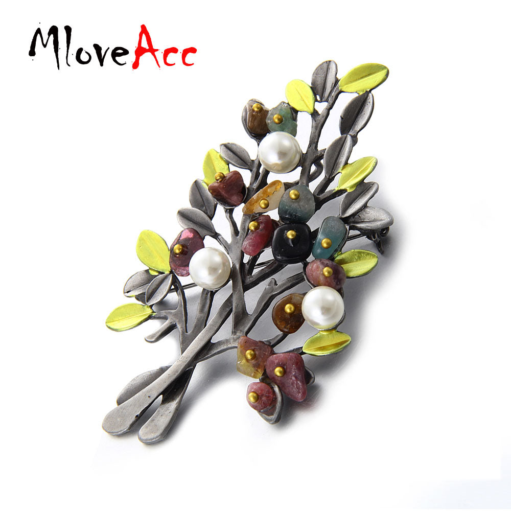 MloveAcc Vintage Natural Stone Brooch Pendant Retro Tree Shape Imitation Pearl Pins Brooches Jewelry for Women Christmas Gift