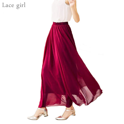 Women's Elegant Chiffon Maxi Skirt High Waist Elastic Waist Casual Long Skirts Saias 80/90/100cm 22 Color 2017 Summer Autumn New