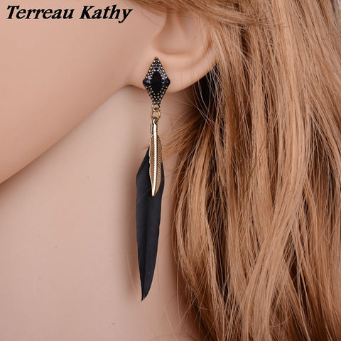 Terreau Kathy New Arrival Bohemian Ethnic Jewelry Alloy Leaf Black Feather Earrings Women Blue Long Earrings Female Brincos