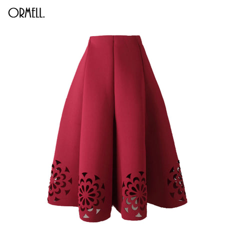 ORMELL Midi Skirt 2017 Elegant Vintage Floral Crochet Black White Red Women High Waist A Line Zipper Sun Skirts