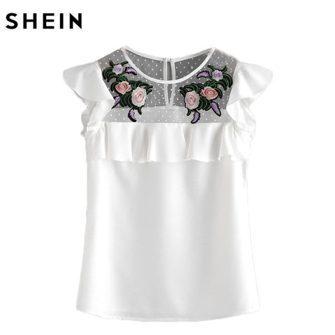 SHEIN Flower Patched Dot Mesh Yoke Frill Cap Sleeve Top Women Summer White Embroidered Slim Blouse Women's 2017 Blouses