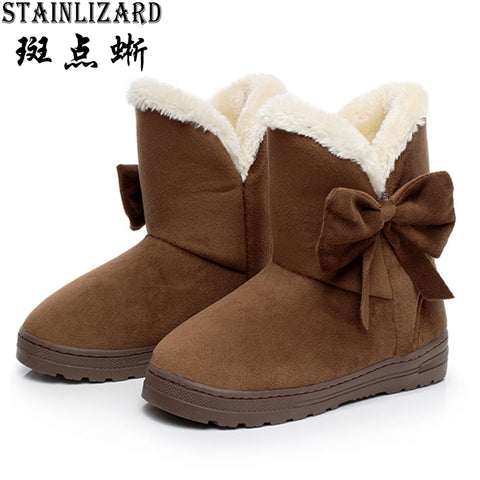 Women Snow Boots Warm Solid Plus Velvet  Flat Women Boots Winter Bowtie Casual Shoes Round Toe Wild Ladies Shoes SNF905