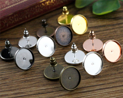 12mm 50pcs/Lot Fashion 7 Colors Plated Brass Copper Material Earring Studs(with Ear plug) Earrings Base,Fit 12mm Glass Cabochons