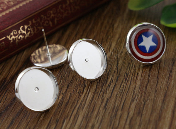 12mm 50pcs/Lot Fashion 7 Colors Plated Brass Copper Material Earring Studs(with Ear plug) Earrings Base,Fit 12mm Glass Cabochons