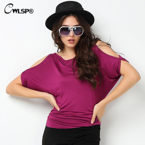 CWLSP Hot Fashion T-shirt Women Batwing Sleeve Off Shoulder Loose Tops Solid Casual 11 Colors Women T Shirt cotton tee QA1286