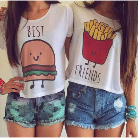 CWLSP Women T-shirt Short Sleeve Crop Top Hamburger Chips BEST FRIEND print T Shirt 2017 Hot Sale Friendship Tops t-shirt QA616