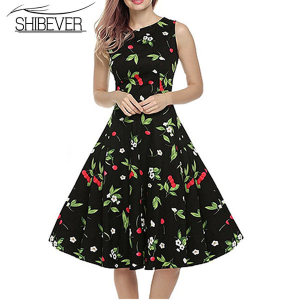 SHIBEVER Hot Sale 2017 New Fashion Summer Dresses Elegant Sleeveless Printing Casual Dress Classic O-neck Women Dresses LD07
