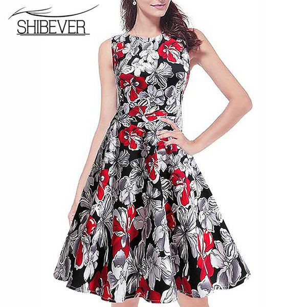 SHIBEVER Hot Sale 2017 New Fashion Summer Dresses Elegant Sleeveless Printing Casual Dress Classic O-neck Women Dresses LD07