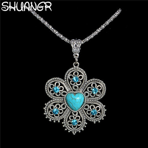 SHUANGR Wholesale Antique Silver Pendant Necklace Crystal Natural Stone Flower Necklace Sweater Chain Ethnic Vintage Accessories