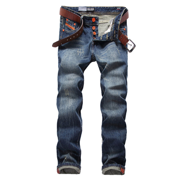 Blue Jeans Men Straight Denim Jeans Trousers Plus Size 29-40 High Quality Cotton Dsel Brand Orange Buttons Men`s Jeans 778