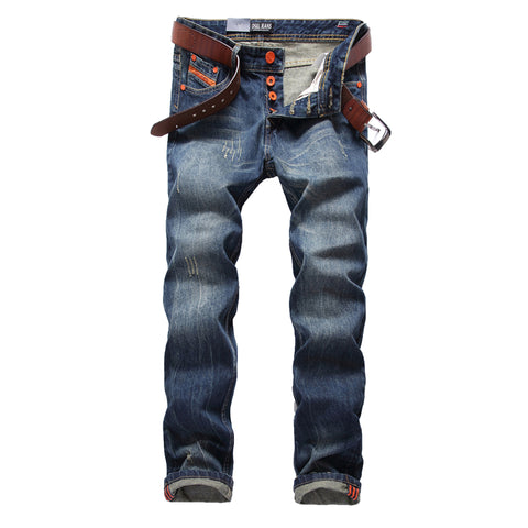Blue Jeans Men Straight Denim Jeans Trousers Plus Size 29-40 High Quality Cotton Dsel Brand Orange Buttons Men`s Jeans 778