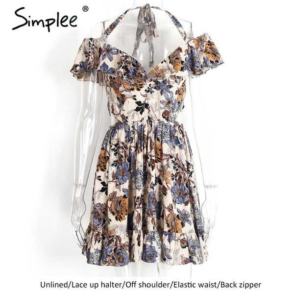 Simplee Halter off shoulder women summer dress Sexy hollow out short dress Elastic mini high waist floral print dress 2017