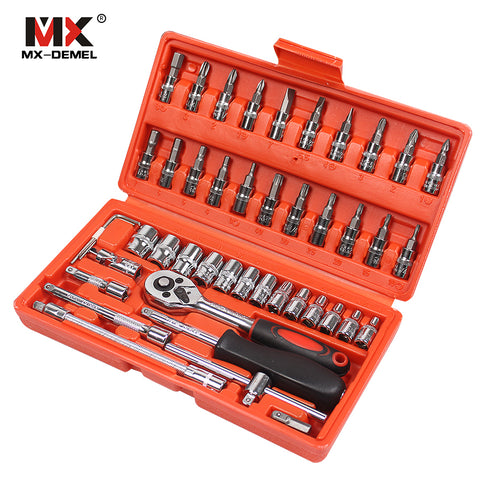 MX-DEMEL Car Repair Tool 46pcs 1/4-Inch Socket Set Car Repair Tool Ratchet Torque Wrench Combo Tools Kit Auto Repairing Tool Set