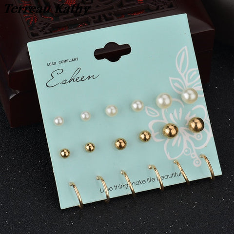 9 Pairs/Set Vintage Gold Color Simulated Pearl Stud Earrings For Women Men boho Koyle Brincos Clip Cuff Earring Set