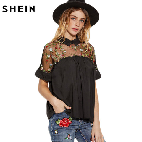 SHEIN Summer Tops Black Flower Embroidered Sheer Neck Ruffle Cuff Tie Back Top Woman Short Sleeve Vintage Blouse