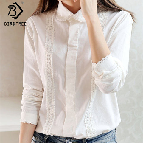 White Blouse Women Work Wear Button Up Lace Turn Down Collar Long Sleeve Cotton Top Shirt Plus Size S-XXL blusas feminina T56302