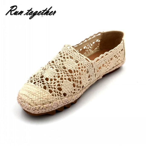 Runtogether New Women Casual Flat Shoes Fashion Slip On Round Toe Loafers Lace Cut Outs Straw Hemp Rope Canvas Shoes Size 35-40