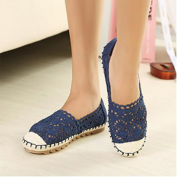 Runtogether New Women Casual Flat Shoes Fashion Slip On Round Toe Loafers Lace Cut Outs Straw Hemp Rope Canvas Shoes Size 35-40