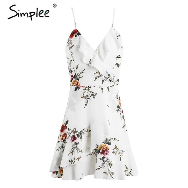 Simplee A-line ruffles floral print summer dress women Deep v neck backless bandage sexy dress Casual party short dress