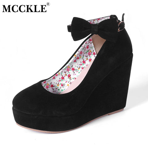 MCCKLE Women Fashion Buckle Ladies Shoes Wedges High Heels Platform Black Casual Bowtie Pumps Tenis Feminino Sapato Feminino