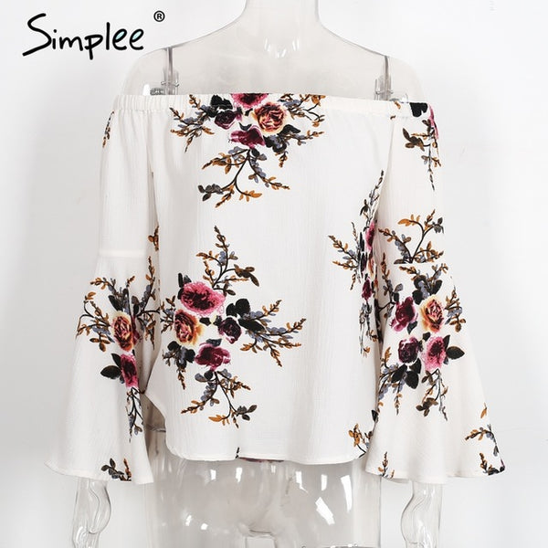 Simplee Off shoulder chiffon blouse shirt women Sexy summer white print blouse Casual flare sleeve cool blouse