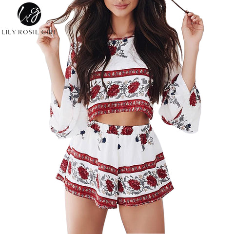 Boho Floral Print Sexy Backless Flared Sleeve Two Pieces Women Jumpsuit Romper Summer Elegant Short Ovaralls Beach Playsuit