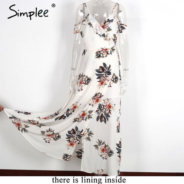 Simplee Floral print ruffles chiffon long dress Women strap v neck split beach summer dress Sexy backless maxi dresses vestidos