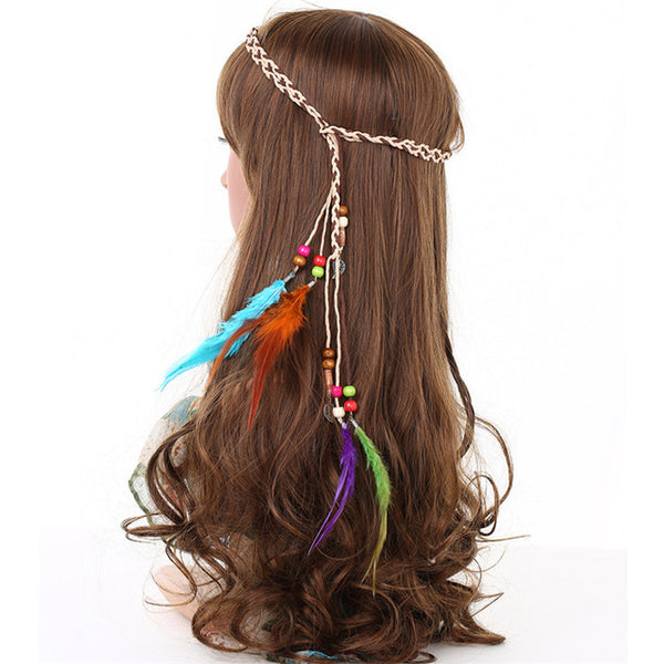 AWAYTR Hair Feathers Headbands for Women Girl Fashion Boho Hair Accessories Indian Beads Gypsy Feather Knitted Belt Hair Band