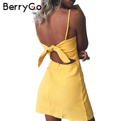 BerryGo Bow casual linen sexy dress Backless 2017 beach summer dress women sundress Slim fit bodycon white short dress vestidos