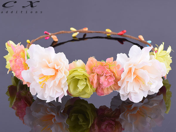 CXADDITIONS Rose Carnations Peony Flower Crown Bridal Floral Crown Hair Headband Mint Head Wreath Wedding Headpiece Bridesmaid