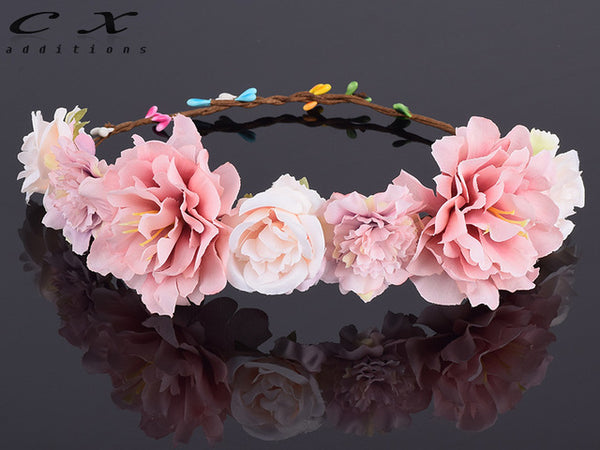 CXADDITIONS Rose Carnations Peony Flower Crown Bridal Floral Crown Hair Headband Mint Head Wreath Wedding Headpiece Bridesmaid