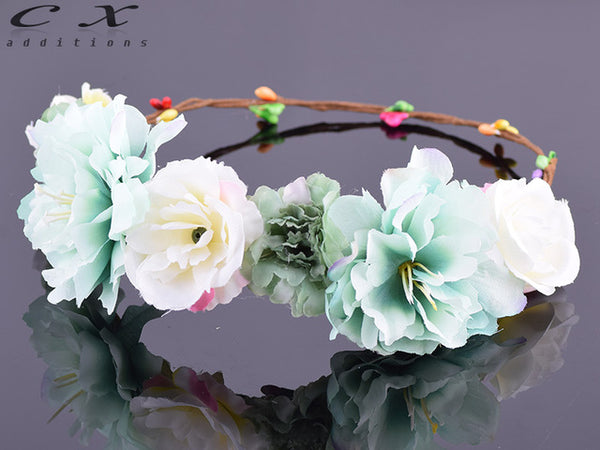 CXADDITIONS Rose Carnations Peony Flower Crown Bridal Floral Crown Hair Headband Mint Head Wreath Wedding Headpiece Bridesmaid