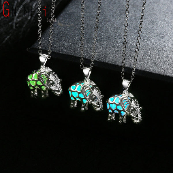 "Drop Shipping" Glowing Jewelery Glow in the Dark Locket Silver Luminous Stone Animal Thailand Elephant Pendant Necklace Gifts