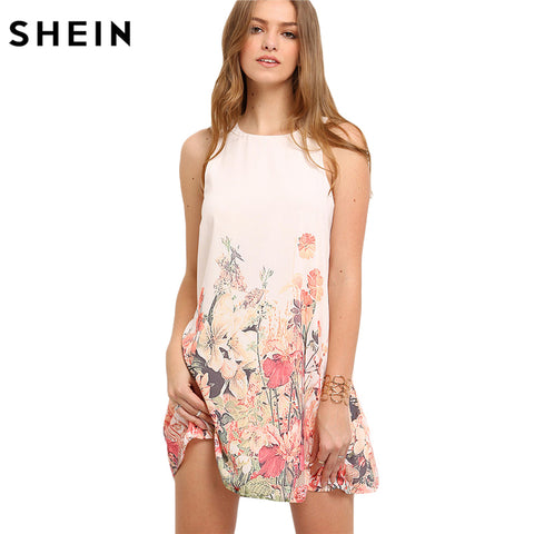 SHEIN Ladies Multicolor Sleeveless Flower Print Boho Dresses New Arrival Womens Summer Round Neck Cut Out Cute Shift Dress