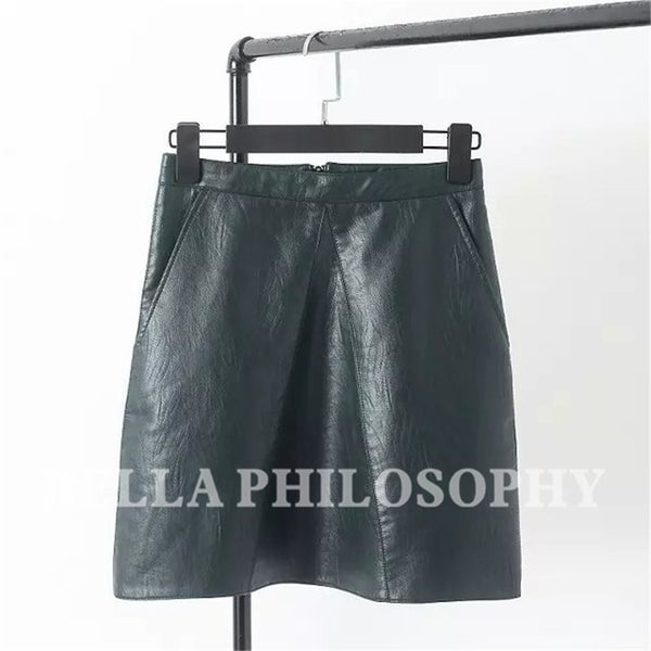 Bella Philosophy spring new PU faux leather skirt women high waist skirt pink yellow black back zipper pocket mini skrit