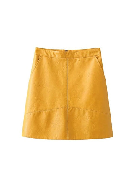 Bella Philosophy spring new PU faux leather skirt women high waist skirt pink yellow black back zipper pocket mini skrit