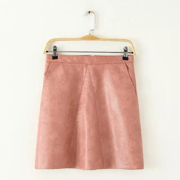 Bella Philosophy spring new PU faux leather skirt women high waist skirt pink yellow black back zipper pocket mini skrit