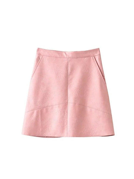 Bella Philosophy spring new PU faux leather skirt women high waist skirt pink yellow black back zipper pocket mini skrit