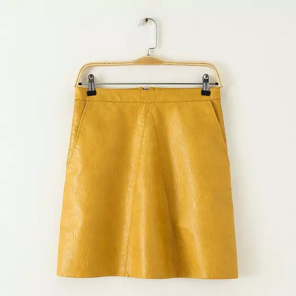 Bella Philosophy spring new PU faux leather skirt women high waist skirt pink yellow black back zipper pocket mini skrit