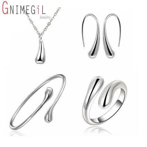 Big Promotion S222 Silver Color Water Drop Jewelry Sets Ring+Necklace Bangle+Earrings Women 925 Stamped Jewellry