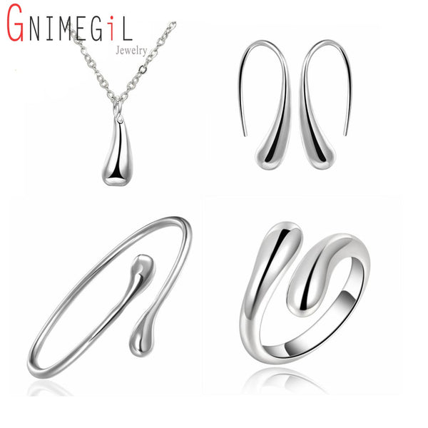Big Promotion S222 Silver Color Water Drop Jewelry Sets Ring+Necklace Bangle+Earrings Women 925 Stamped Jewellry