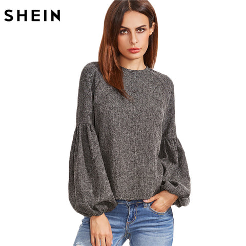 SHEIN Women Tops and Blouses New Fashion Women Shirt Ladies Tops Grey Keyhole Back Lantern Sleeve Top Long Sleeve Blouse