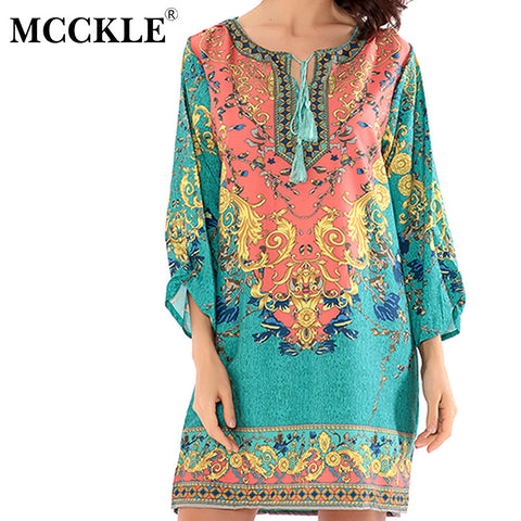 MCCKLE women summer dress 2017 vintage Boho print chiffon beach dresses Sexy V neck Half sleeve casual slim bohemian dress