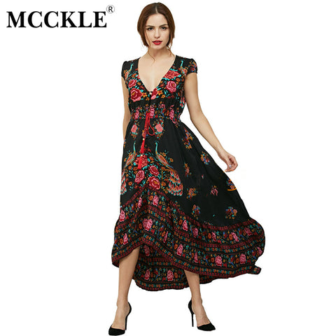 MCCKLE woman fashion Summer Boho Dress Ethenic Sexy Print Retro Vintage Dress Tassel Beach Dress Bohemian Hippie Dress Robe new