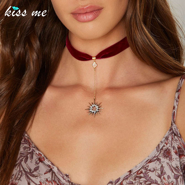KISS ME Trendy Crystal Stars Pendant Red Black Ribbon Choker Necklace Hot Sale Women Jewelry Accessories