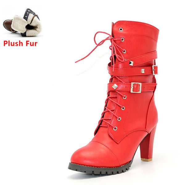 TAOFFEN Ladies shoes Women boots High heels Platform Buckle Zipper Rivets Sapatos femininos Lace up Leather boots Size 34-43