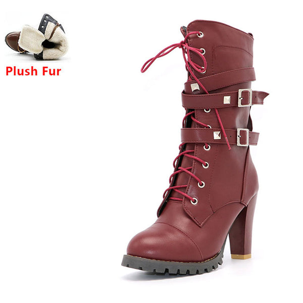 TAOFFEN Ladies shoes Women boots High heels Platform Buckle Zipper Rivets Sapatos femininos Lace up Leather boots Size 34-43