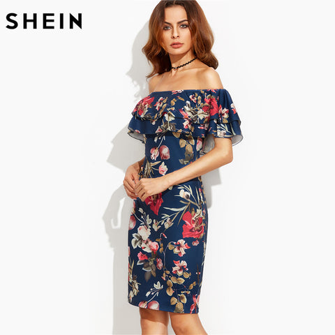 SHEIN Summer Dress 2017 Clothes Women Short Sleeve Multicolor Floral Print Off The Shoulder Ruffle Sheath Dress
